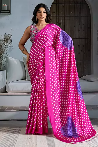 Rani pink satin printed saree