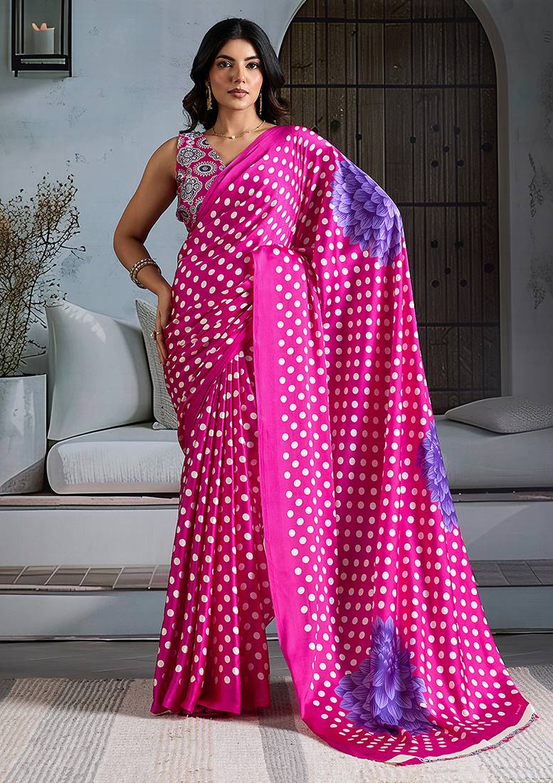 Rani pink satin printed saree