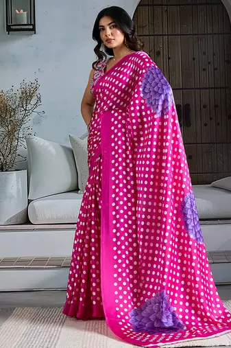 Rani pink satin printed saree