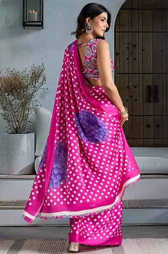 Rani pink satin printed saree