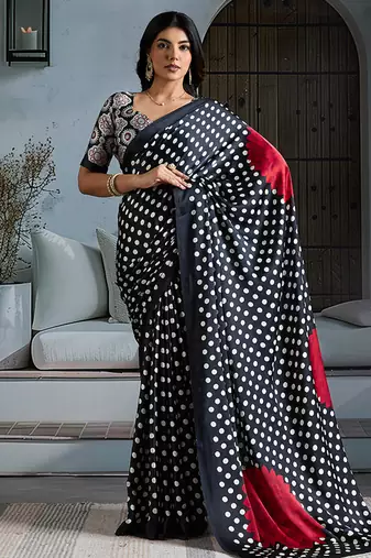 Black satin printed saree