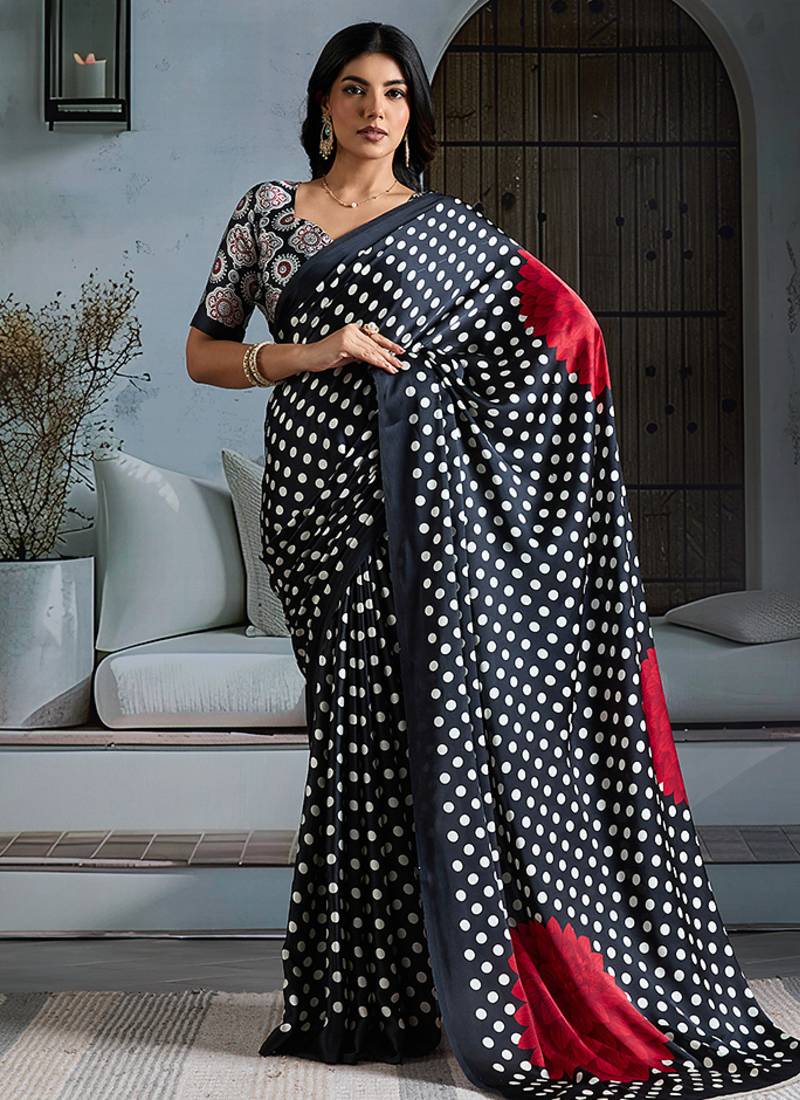 Black satin printed saree