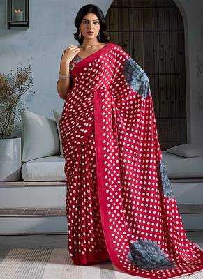 Crimson red satin printed saree 1