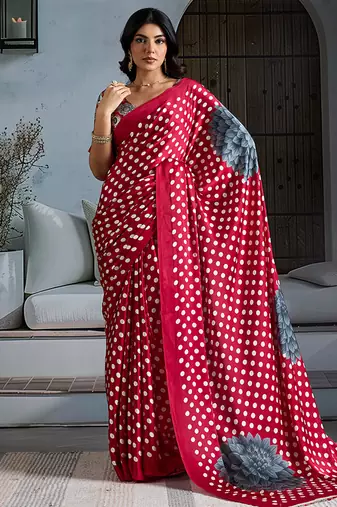 Crimson red satin printed saree
