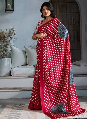 Crimson red satin printed saree 2
