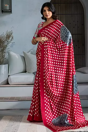 Crimson red satin printed saree