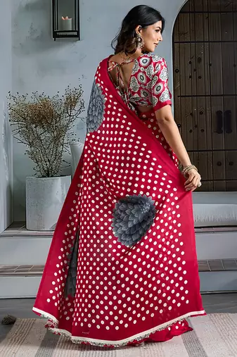 Crimson red satin printed saree