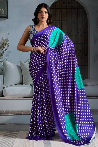 Purple satin printed saree