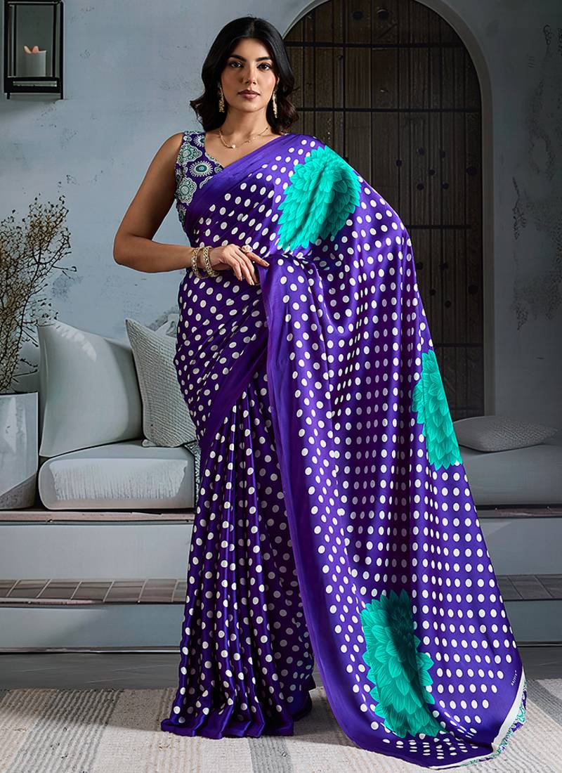 Purple satin printed saree