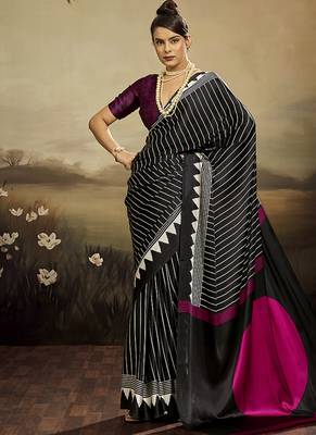Satin black printed saree 1
