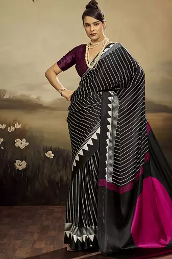 Satin black printed saree