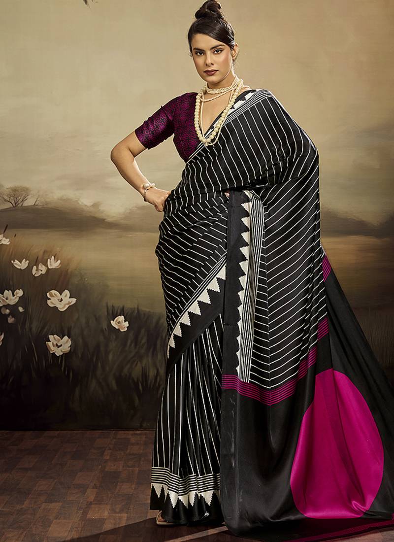 Satin black printed saree