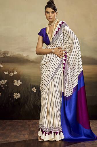 Satin off white printed saree