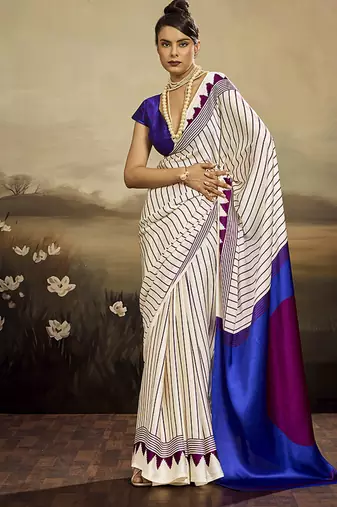 Satin off white printed saree