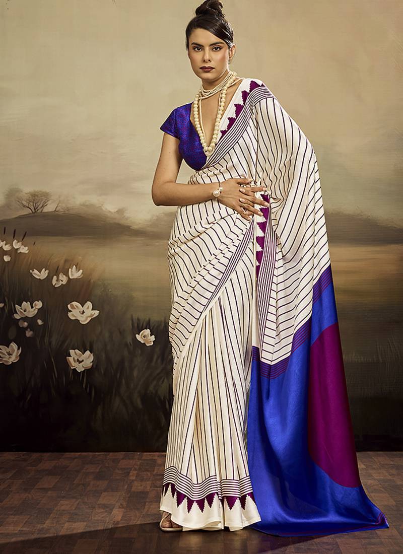 Satin off white printed saree