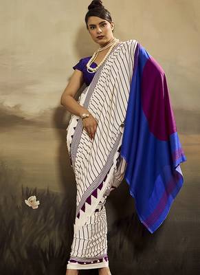 Satin off white printed saree 2