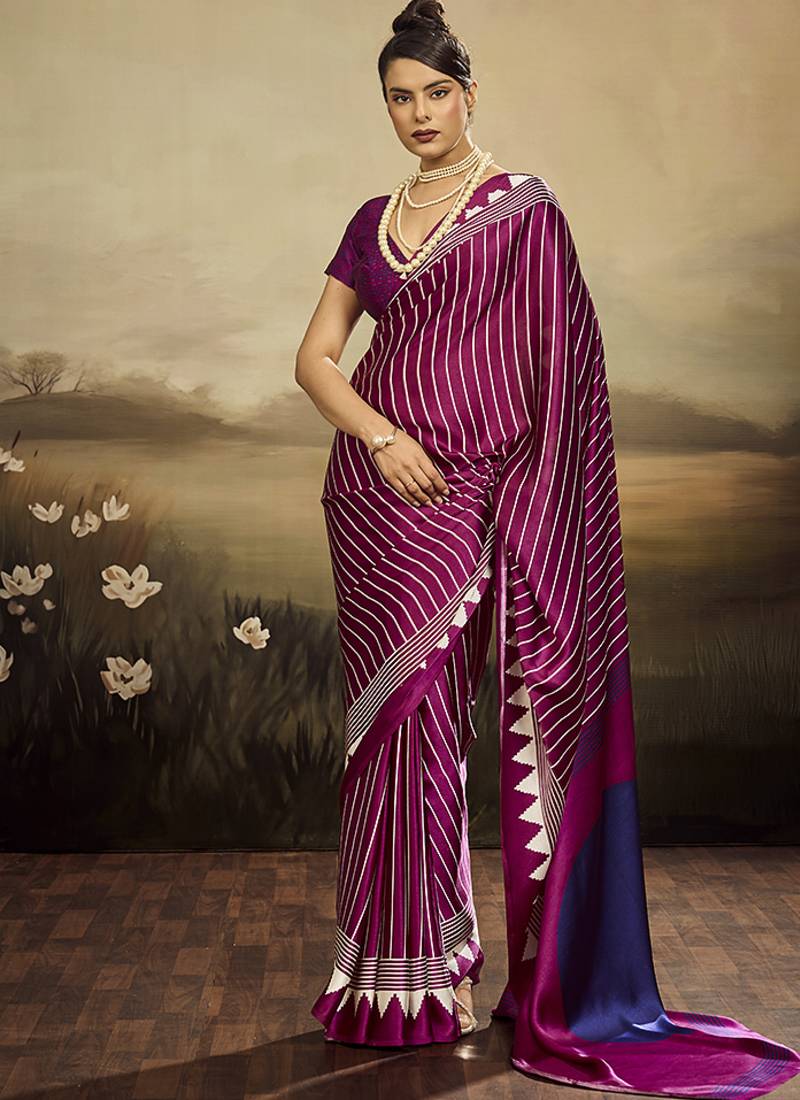 Satin wine printed saree