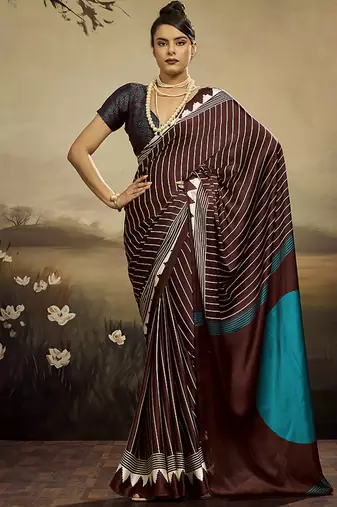 Satin brown printed saree