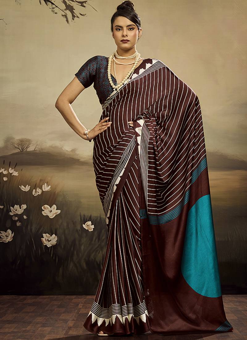 Satin brown printed saree
