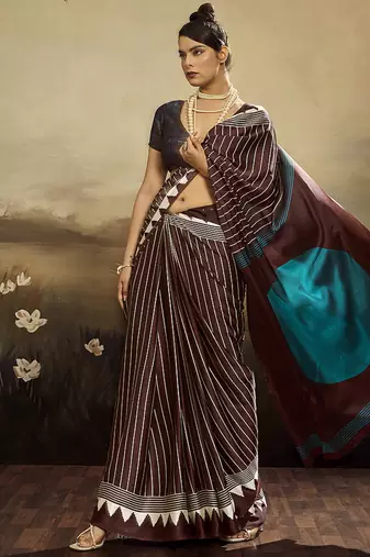 Satin brown printed saree