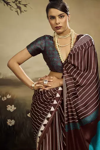 Satin brown printed saree