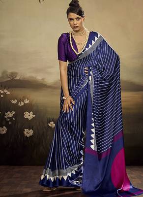 Satin navy blue printed saree 1