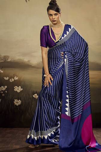 Satin navy blue printed saree