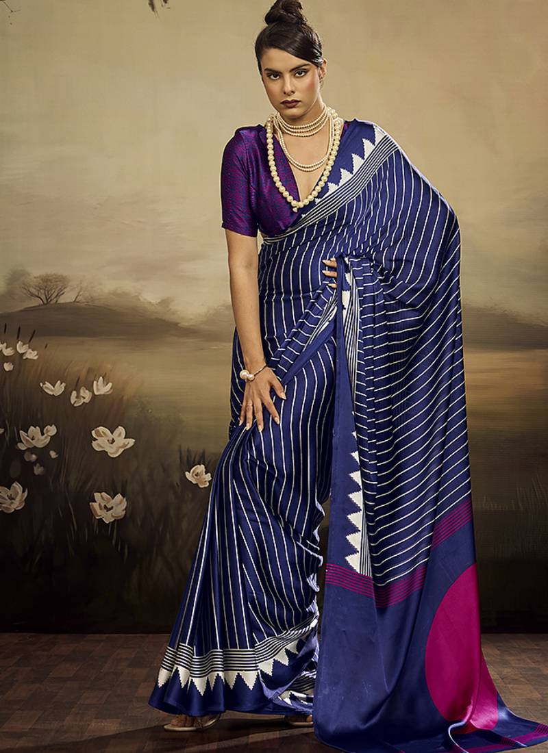Satin navy blue printed saree