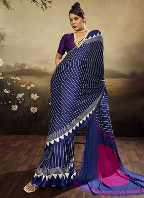 Satin navy blue printed saree 2