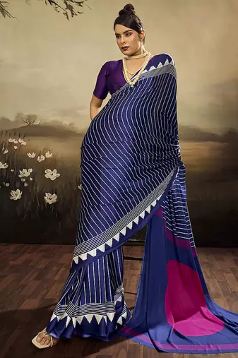 Satin navy blue printed saree