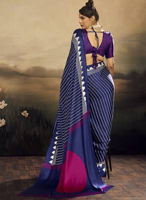Satin navy blue printed saree 3