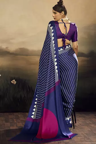 Satin navy blue printed saree