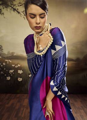Satin navy blue printed saree 4