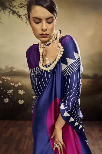 Satin navy blue printed saree