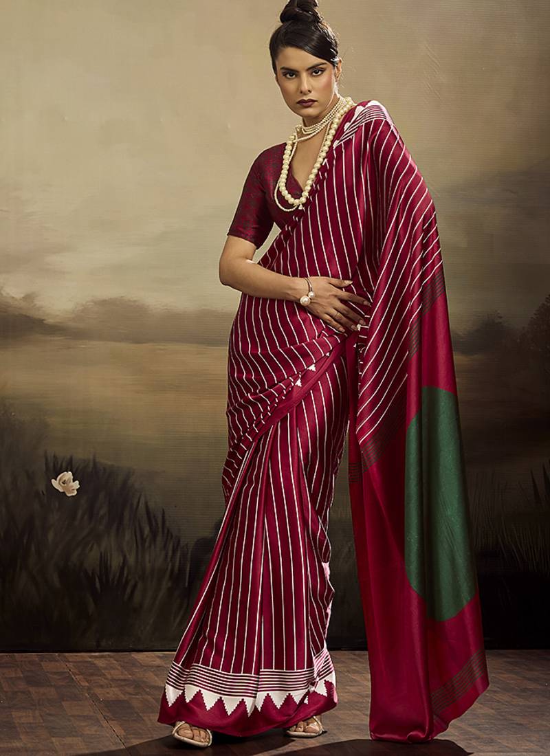 Satin maroon printed saree
