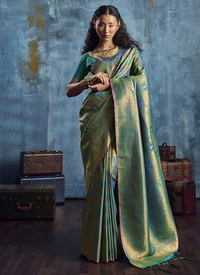 Handloom silk blend green weaving saree 1