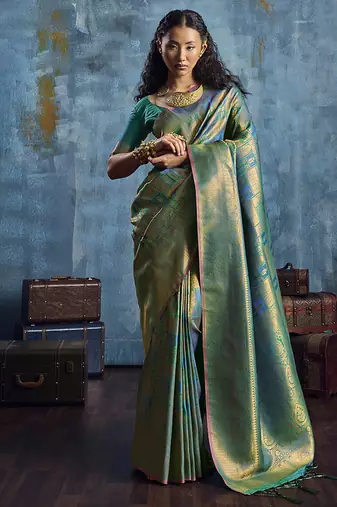 Handloom silk blend green weaving saree