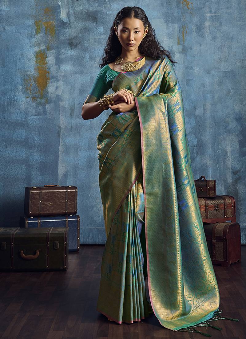 Handloom silk blend green weaving saree