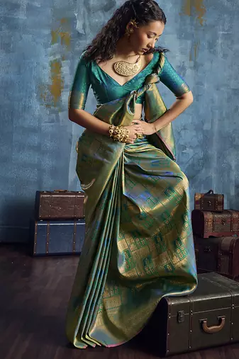 Handloom silk blend green weaving saree