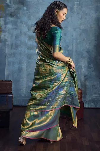 Handloom silk blend green weaving saree