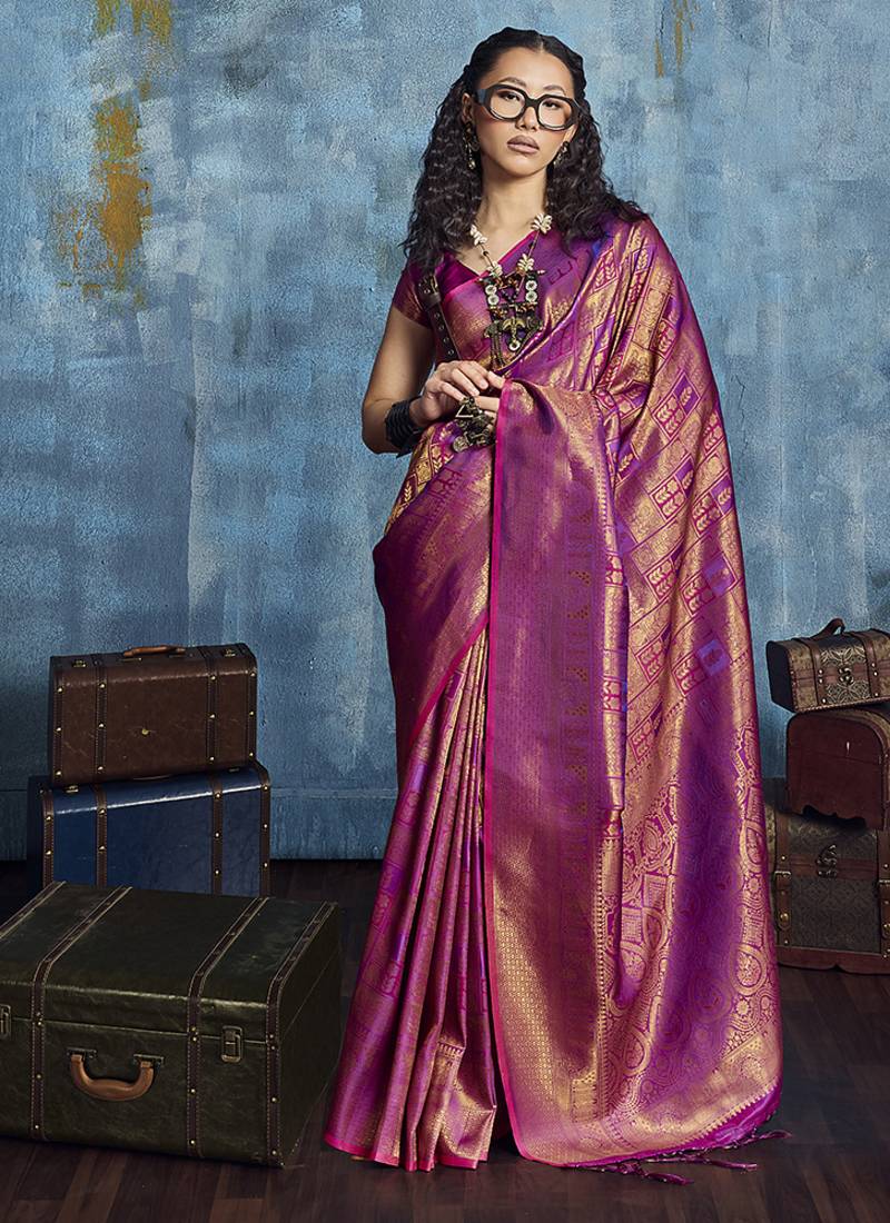 Handloom silk blend purple weaving saree