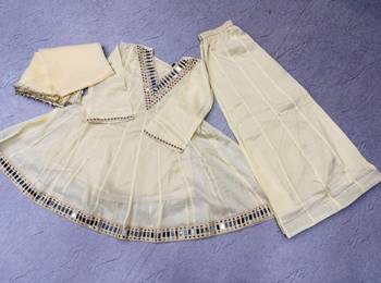 White silk readymade suit with real mirror  5