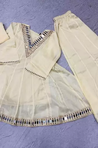 White silk readymade suit with real mirror 