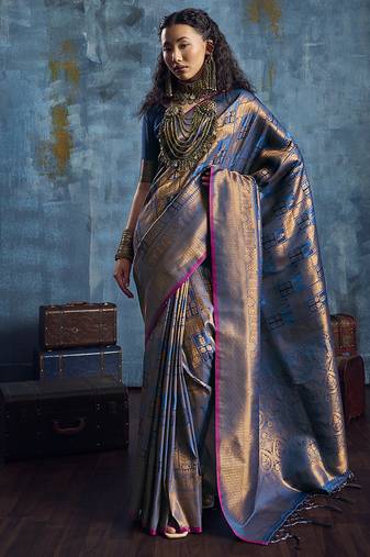 Handloom silk blend blue weaving saree