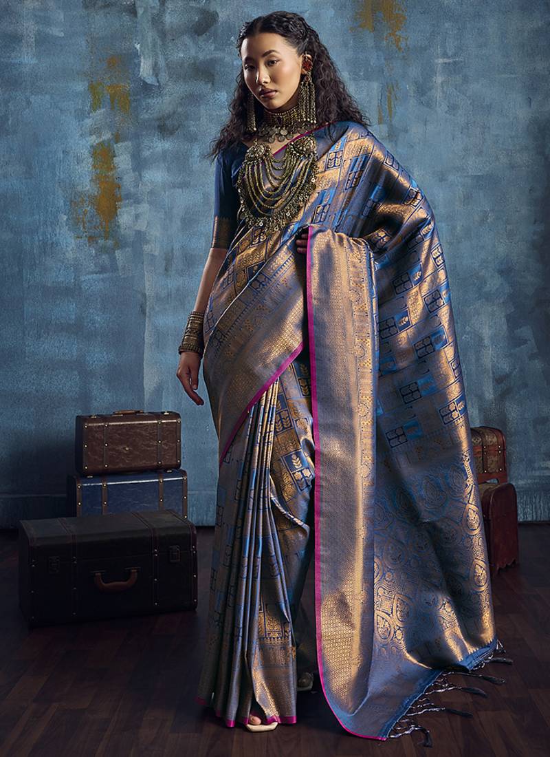 Handloom silk blend blue weaving saree