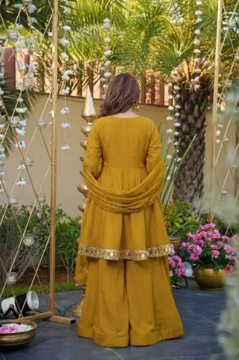 Mustard silk readymade suit with real mirror 