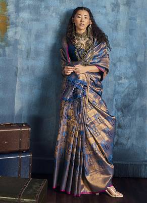 Handloom silk blend blue weaving saree 2