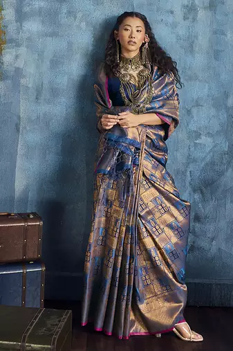 Handloom silk blend blue weaving saree