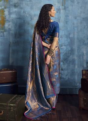 Handloom silk blend blue weaving saree 3