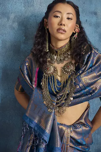 Handloom silk blend blue weaving saree